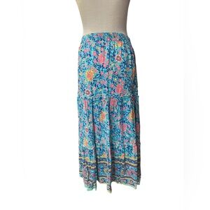 Hibluco Blue Multicolor Floral Midi A-Line Swing Skirt Women’s XL Boho Peasant